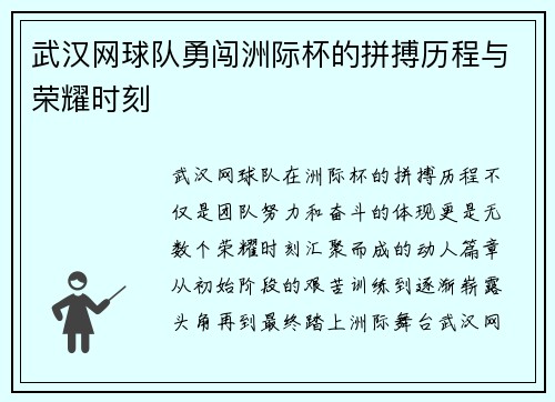 武汉网球队勇闯洲际杯的拼搏历程与荣耀时刻